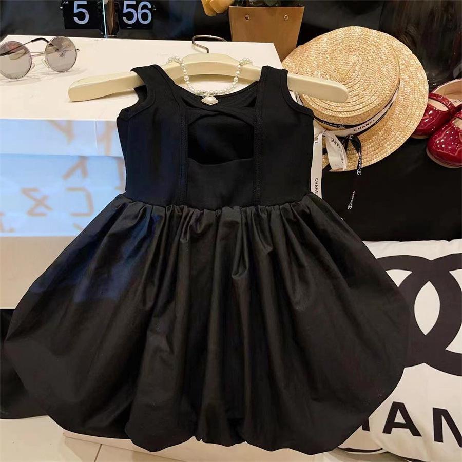 Korean Girls Sleeveless Backless Black Dress - Flower Bud Style Puffy Dress for Children