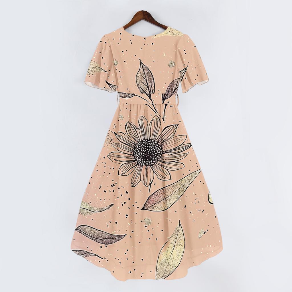 Women’s V Neck Short Sleeve Floral Print Midi Dress with Wrap Waist Tie and Flowing Hem for Casual or Daily Wear