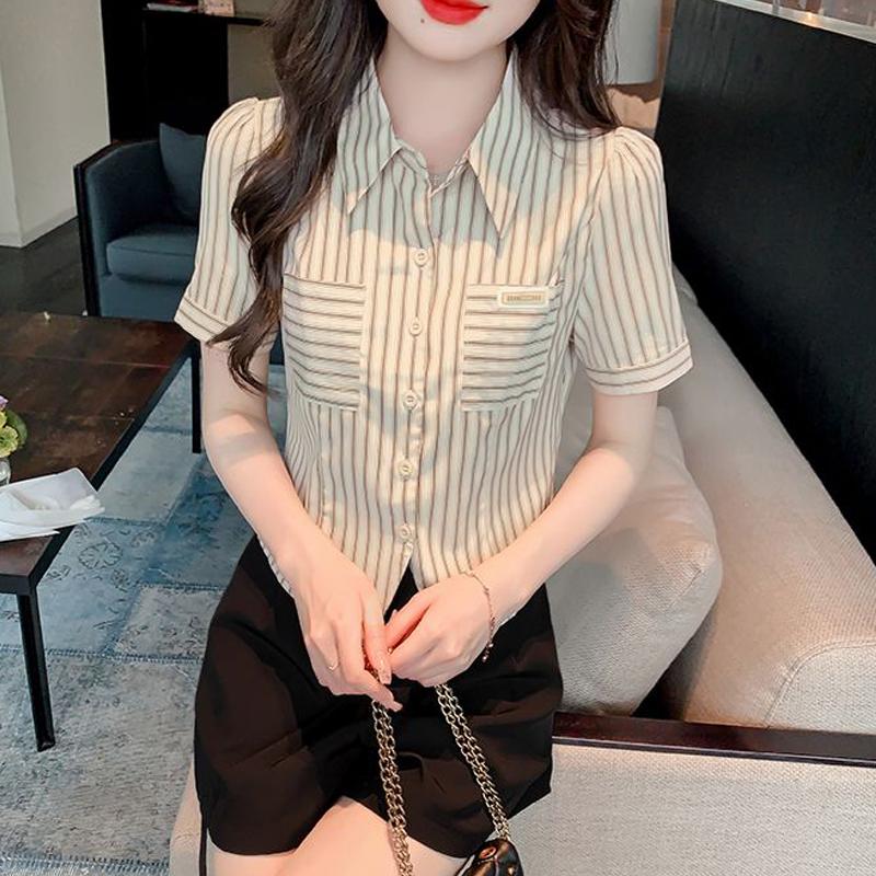 

Летняя женская модная рубашка на пуговицах с полосатым принтом, милая шикарная блузка с лацканами и короткими рукавами, женские повседневные облегающие топы с неровным низом XXL кофейный