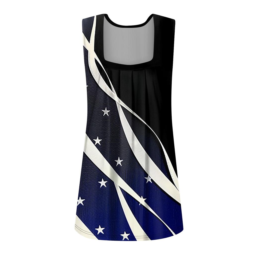 Dámské letní ležérní plisované tílko bez rukávů se čtvercovým výstřihem s potiskem