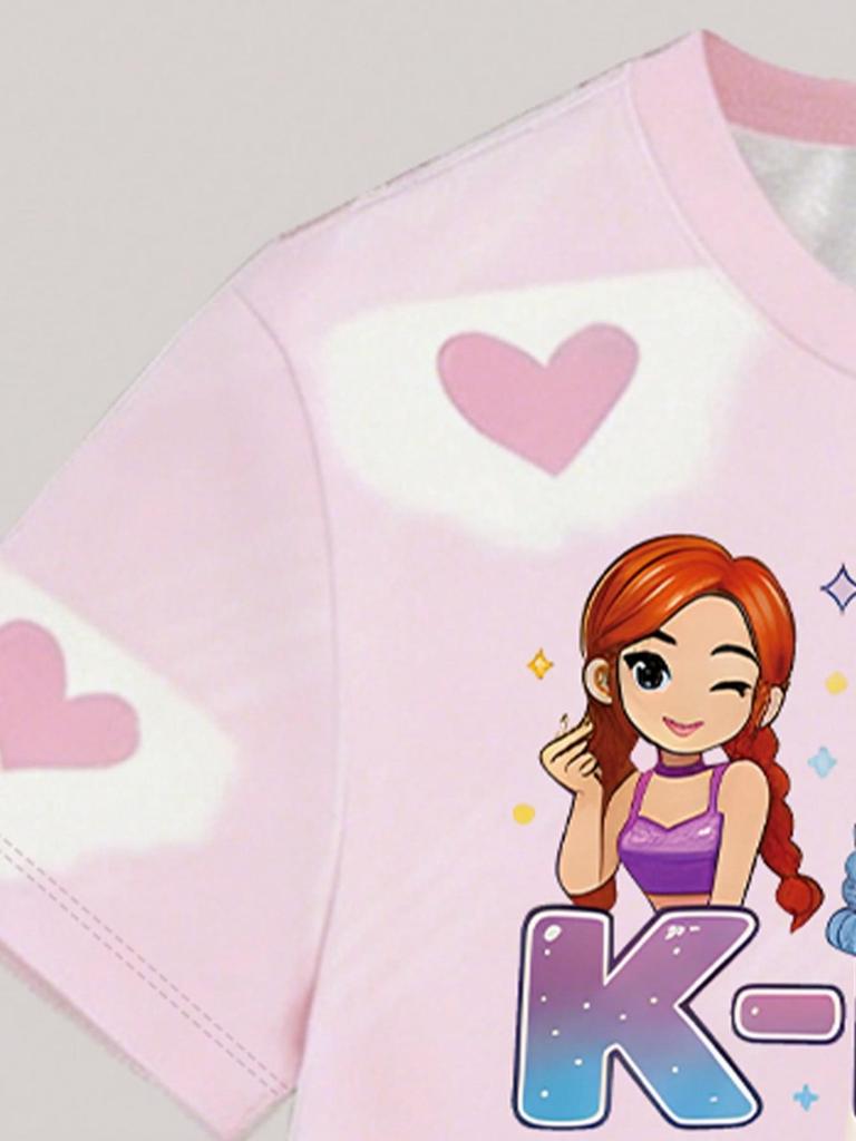 Girls' Summer Casual Outfit, Children's Printed Short-Sleeve Set, Girls' Heart and Cartoon Print Short-Sleeve T-Shirt + Shorts Two-Piece Set