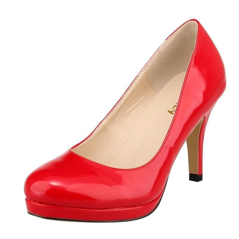 Women Pumps New 9cm Patent Leather High Heels Fashion Round Toe Office Lady Platform Heel Black Work Red Wedding Shoes