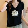 Women Sweaters Pullovers 2025 Summer Short Sleeve V-Neck White Black Embroidery Knitted Sweater Women Tops Pullover JJ232