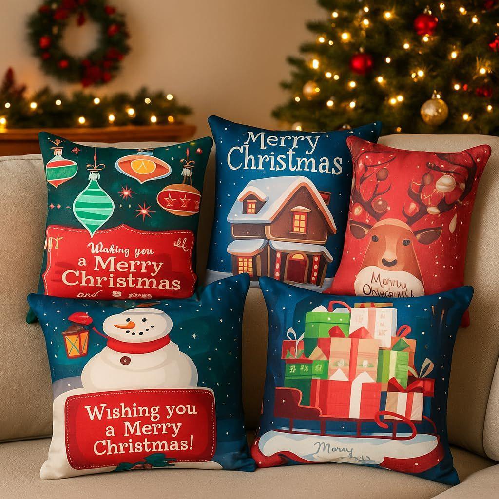 Decorative Merry Christmas Satin Cushion Cover 16 inch x 16 inch Set of 5, Cusion Cover for Sofa 16" 16