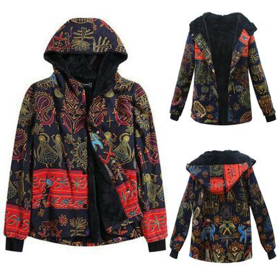 Floral Fleece Hoodie Women Winter Warm Hooded Coat Outwear Tops Jacket Plus Size