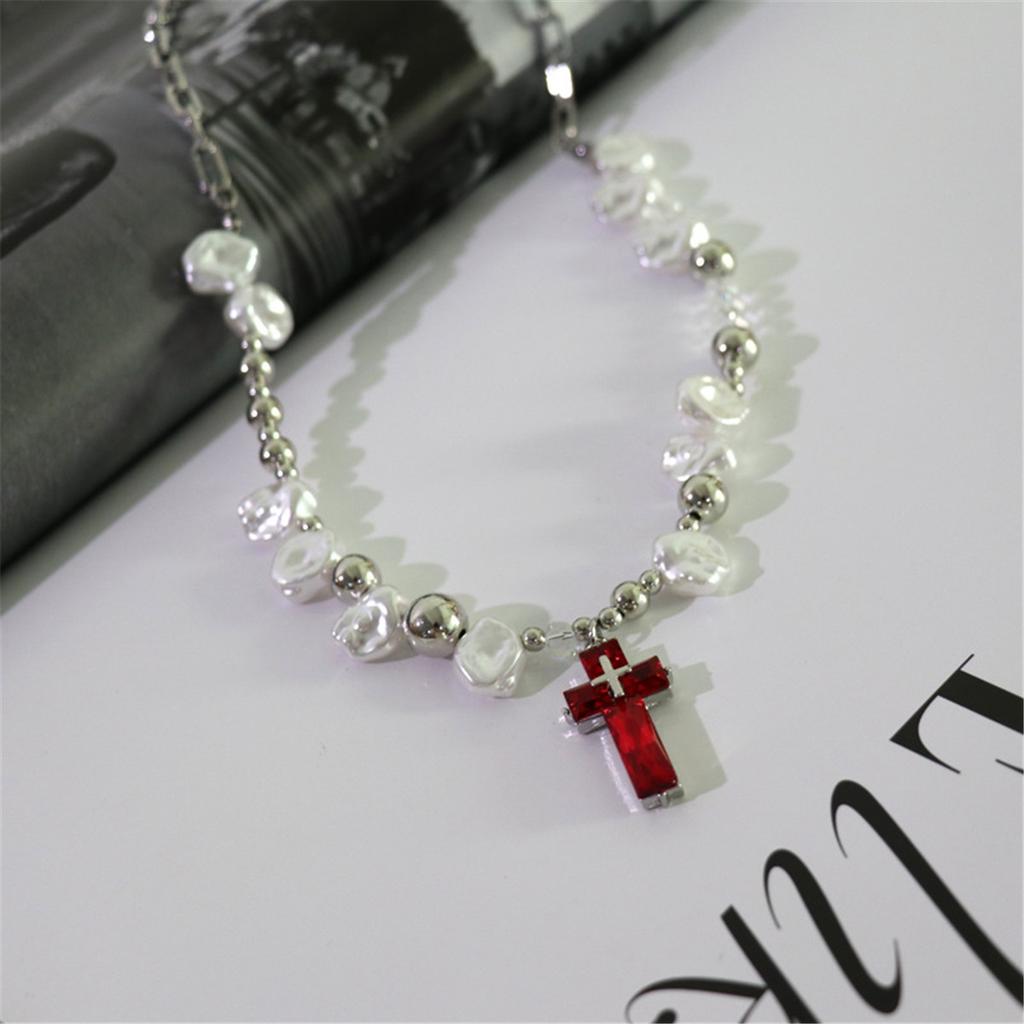 Tooxika Sweet Cool Hottie Pearl Cross Necklace Men's And Women's Hip Hop Personalised Dark Collarbone Chain