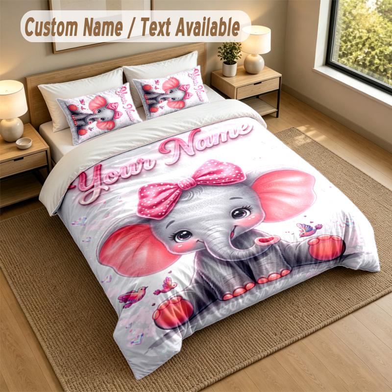 Elephant Theme Personalized 3Pcs Bedding Set Custom Text & Name 1 Sheet 2 Pillowcases Household Bedding 1pc