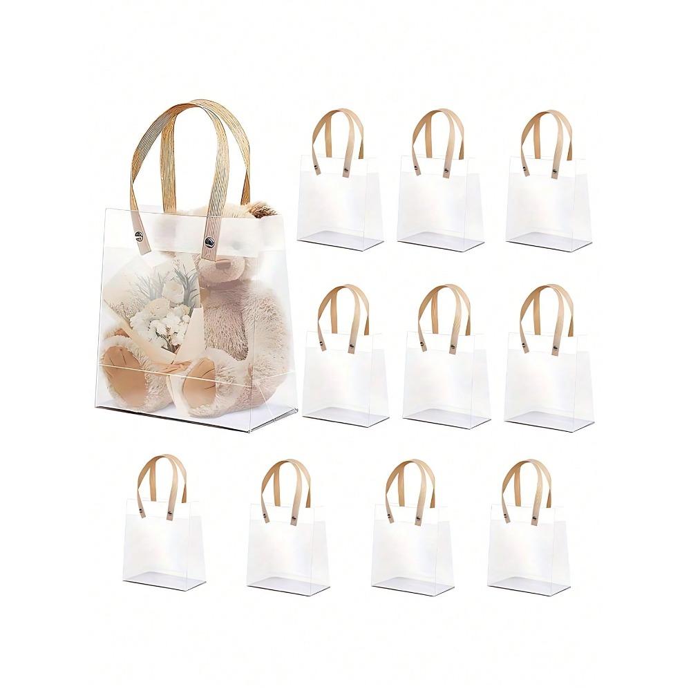 1pc Transparent Gift Bags with Handles, Reusable Plastic Bags with Brown Straw Handles, Translucent Frosted Gift Bags for Valentine's Day
