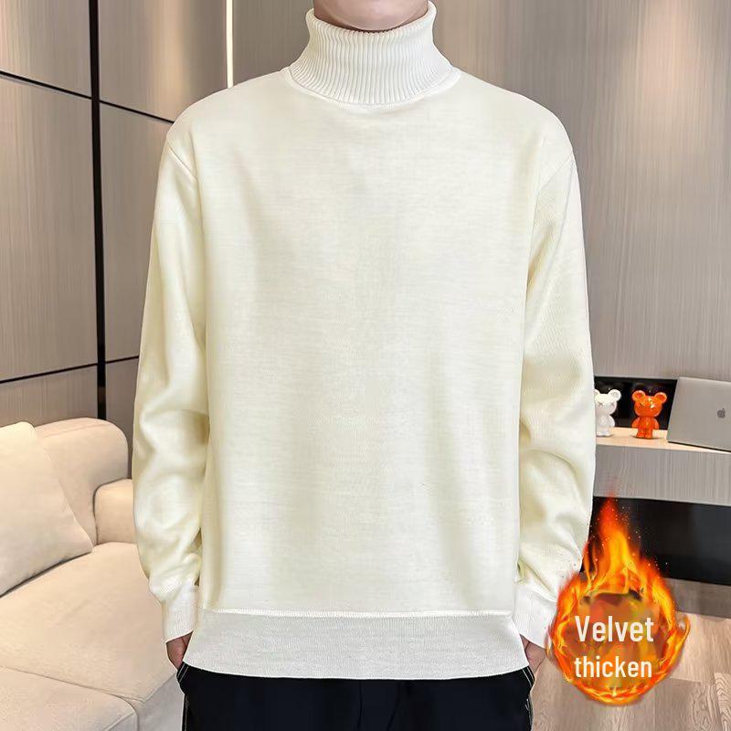 Men's Solid Color Knitted Turtleneck Sweater - Warm Velvet, Autumn/Winter Style, Mid-neck Design