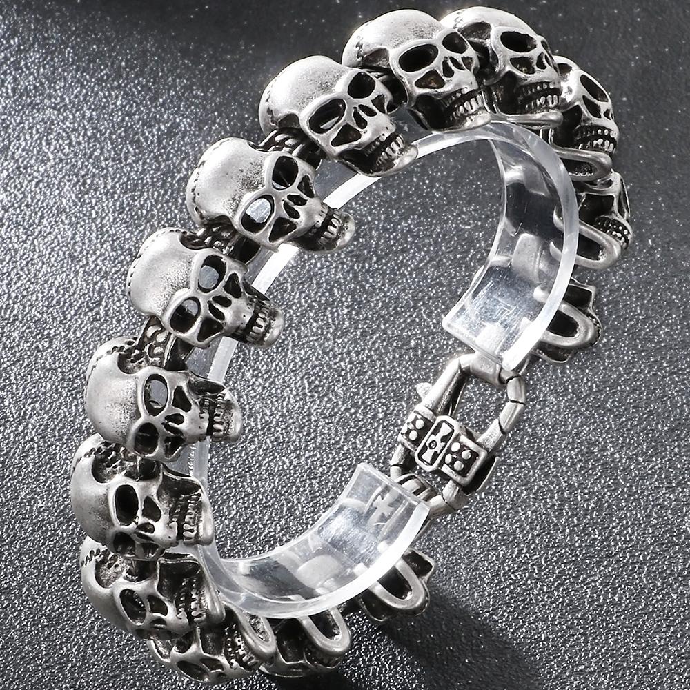 

Мужской готический браслет с головой скелета, винтажный хип-хоп, из нержавеющей стали, звеньевая цепь, браслет на запястье для мужчин, вакуумное покрытие, панк-рок ювелирные изделия 22cm старый серебряный
