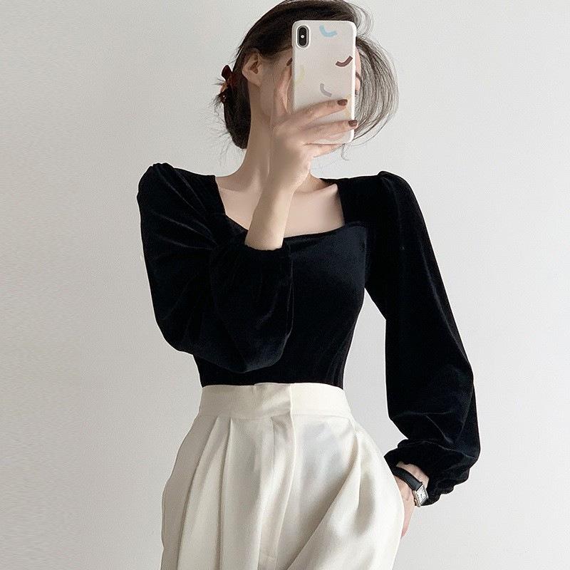 

Женская осенняя однотонная футболка с длинными рукавами и квадратным воротником на нестандартной основе S чёрный