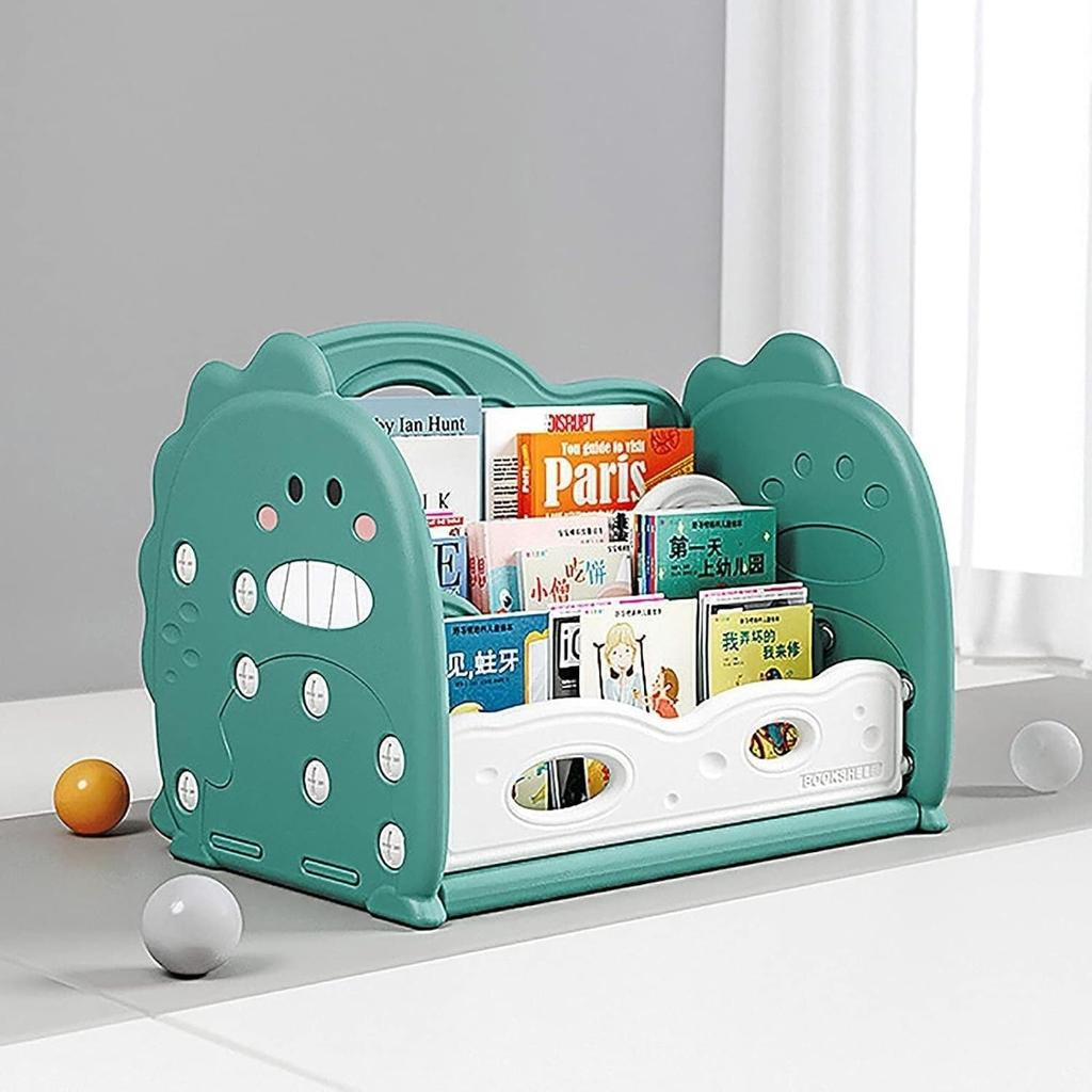 Open Bookshelf 3-Tier Desktop Bookshelf Plastic Cute Dinosaur Bookcase Picture Book Storage Rack for Playroom Study Bedroom