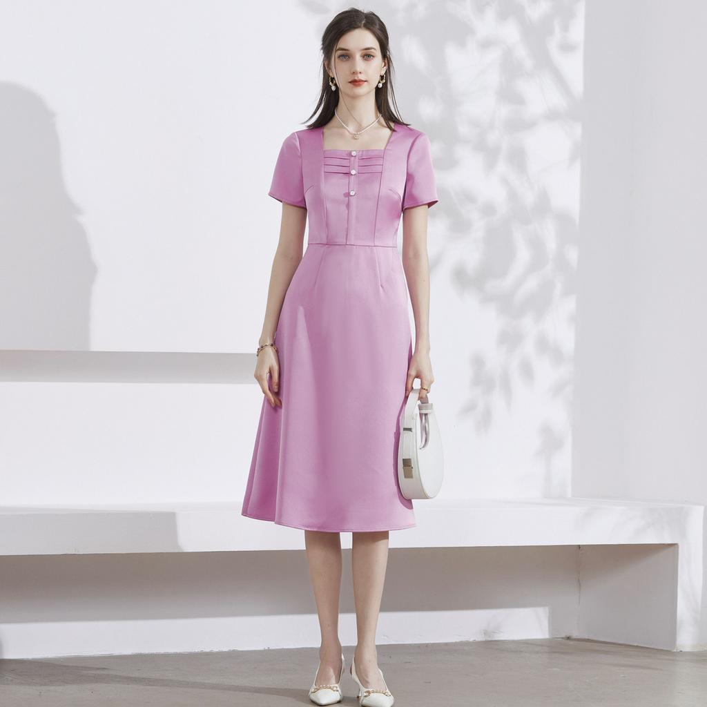 French Square Neck Pleated Dress
