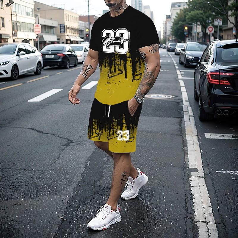 Men's T-shirt Set Summer Fashion Creative 3D Printed Pattern Size 23 Printed Shorts Short Sleeved Combination Casual Two-piece S