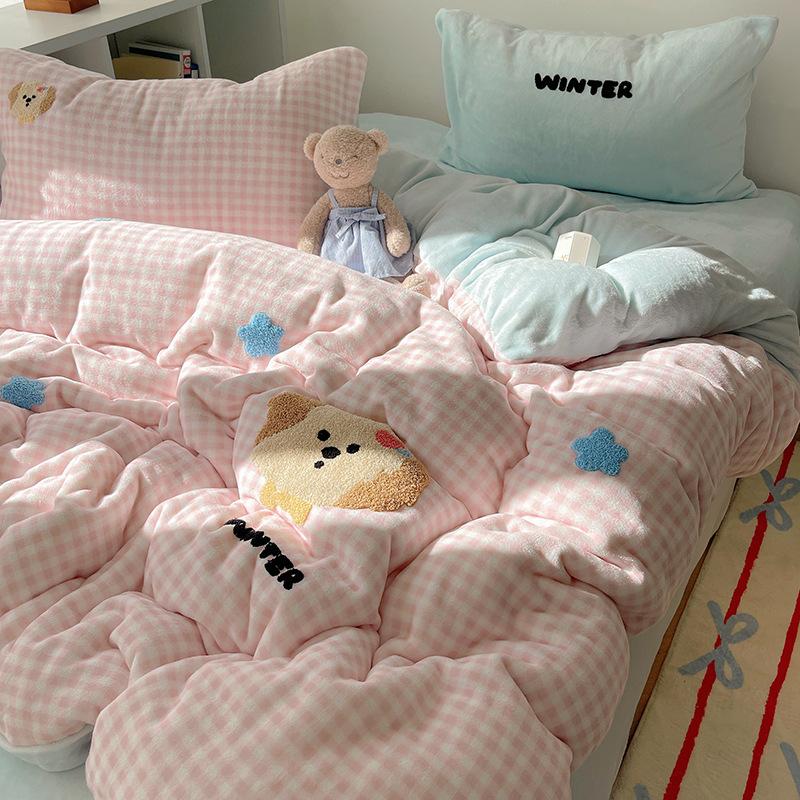 Thickened Milk Fleece Bed Four-Piece Set Fleece Quilt Cover Bed Sheet Coral Flannel Children'S Cartoon Bedding