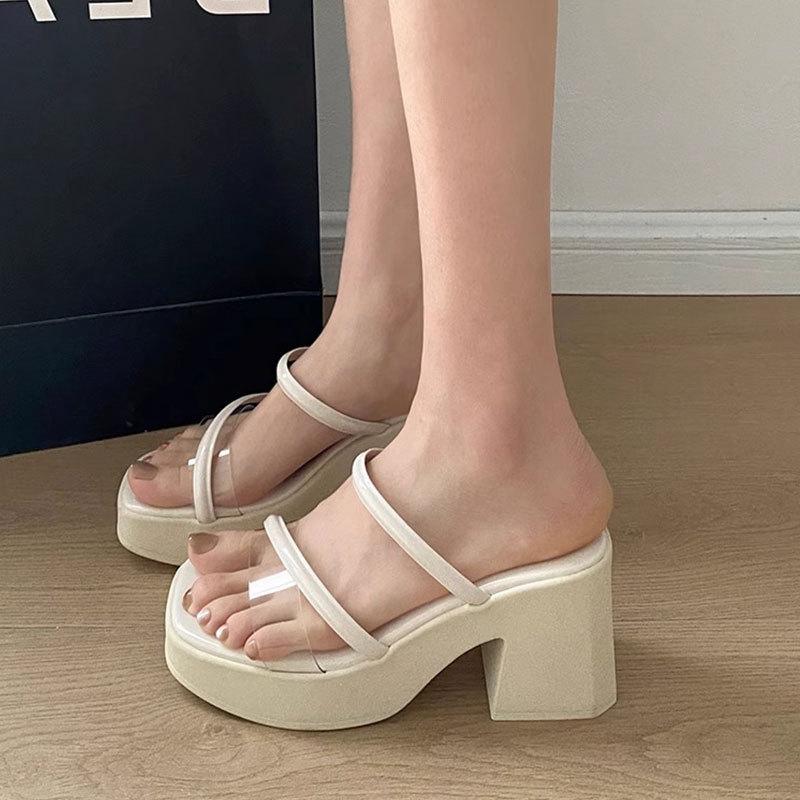 Premium Thick-soled Slippers Women's Summer Outer Wear 2025 New Thick-heeled One-word Drag Transparent High-heeled Fairy Wind Sandals