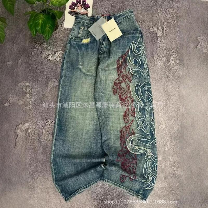 2026 Vintage Vyšívané Džíny Streetwear Široké Nohavice Opotřebované Džínové Kalhoty Pro Teenagery