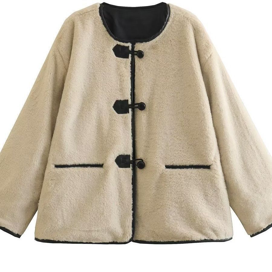 Winter Women's Plus Size Jacket Buckle Decoration Round Collar Faux Fur Coat