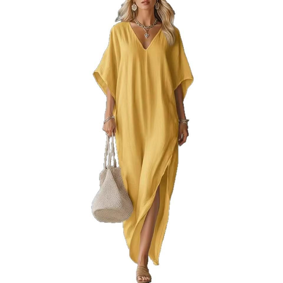 Dress Linen Thin Women's Clothing Summer V-neck Loose