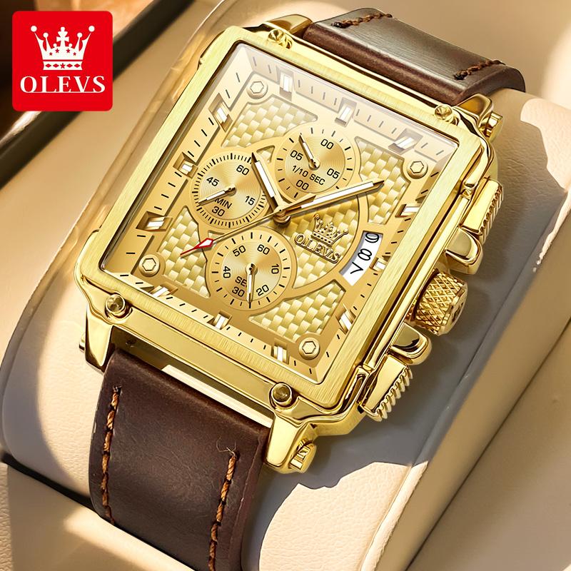 OLEVS 9925 Luxury Quartz Wristwatches for Men Original Leather Strap Fashion Square Dial Chronograph Waterproof Sports Man Watch