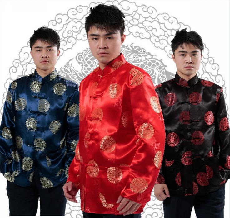 APEK Men's Red Long Sleeve Tang Suit Ethnic Outerwear for Spring, Autumn, Winter