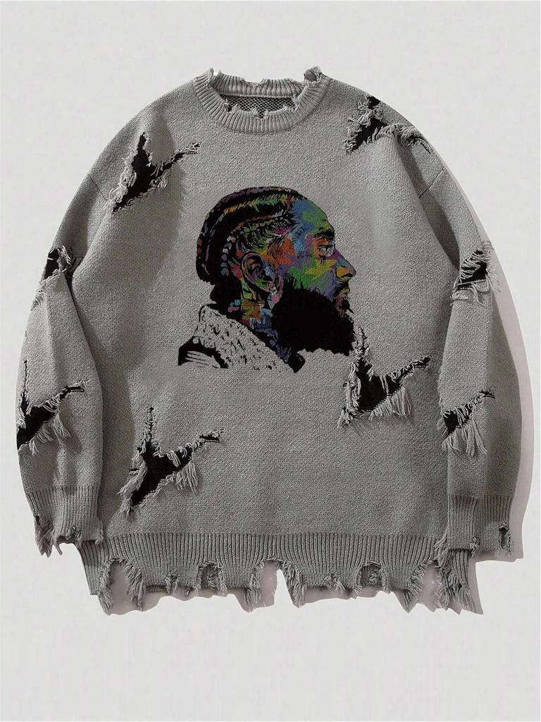 Pánský žíhaný grafický pletený svetr s kulatým výstřihem, oversized, pouliční styl, svetr přes hlavu