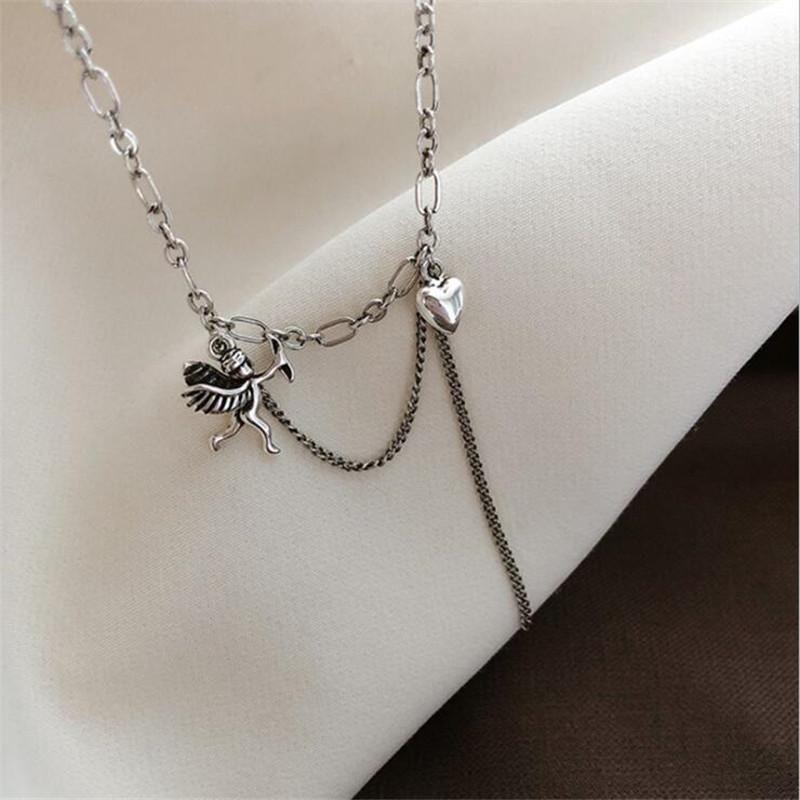 Thai Silver Texture Tassel Heart 925 Sterling Silver Jewelry Retro Love Angel Clavicle Chain Exquisite Necklaces TYB351