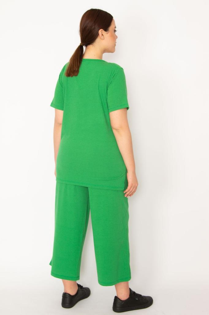 Women's Style Big Size Under-Upper Team Green Camisole Knitted Elastic Waist Wide Leg Trousers V-Neck Blouse Set