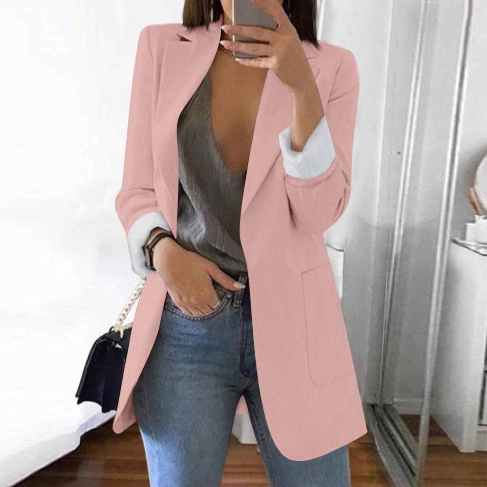 

Женский твердый кардиган с открытыми передними карманами, формальный костюм, блузка с длинным рукавом, пальто XL светло-розовый