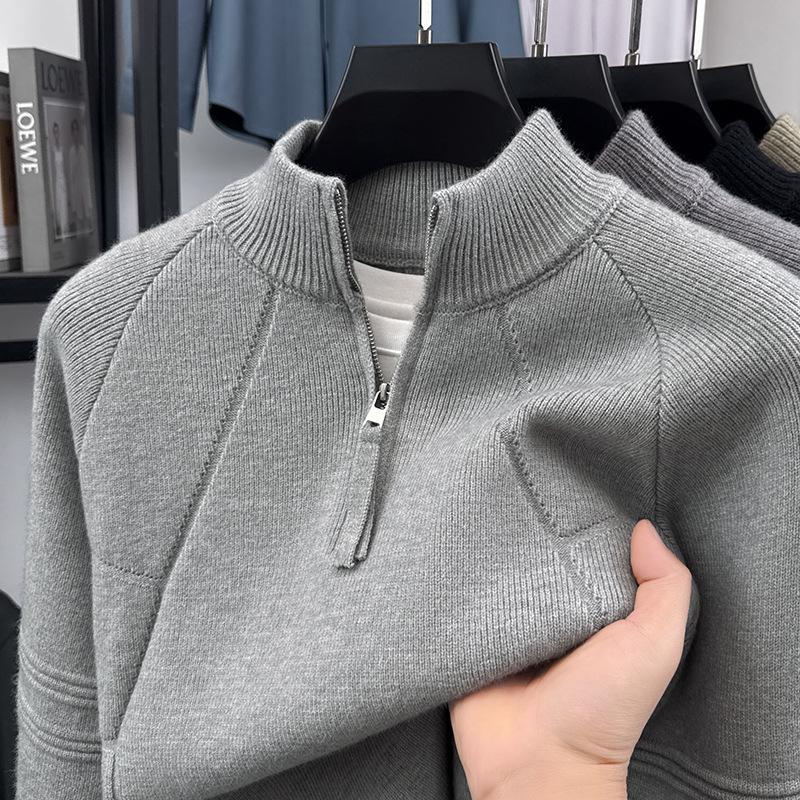 Men s High-End Thickened Zipper Half-Collar Sweater – Solid Color Casual Knitwear Base Layer Double Extra Large