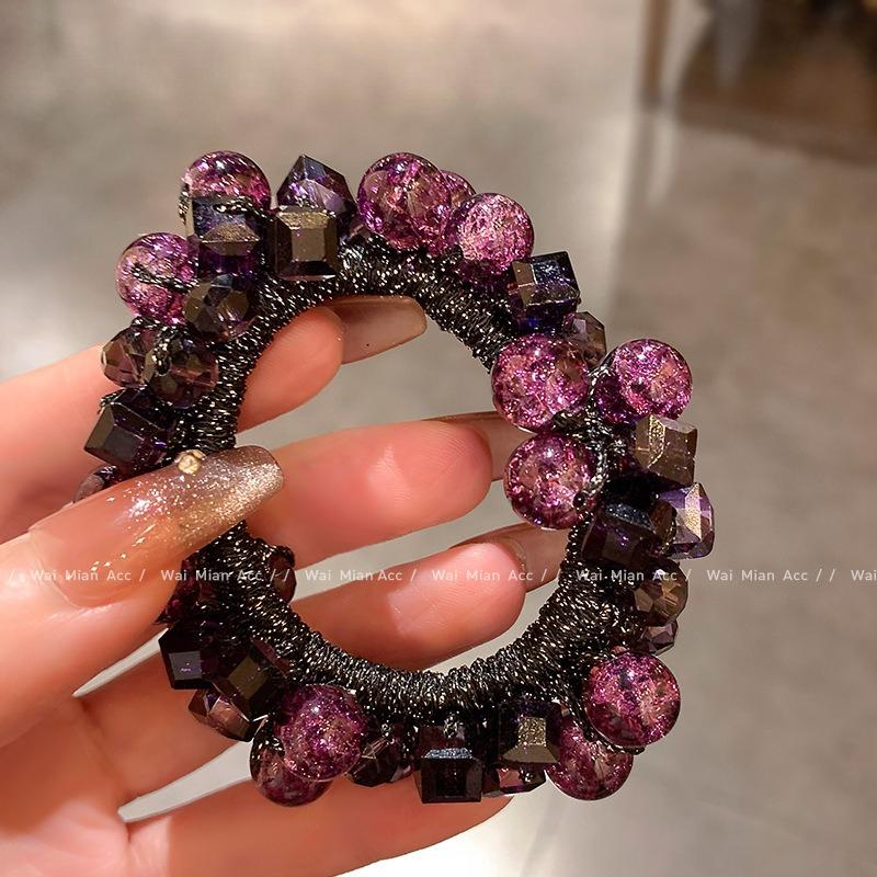 1PC high-end fuchsia head flower crystal hair band women's ponytail headrope 2025 new ball head tie hair rubber band hair accessories