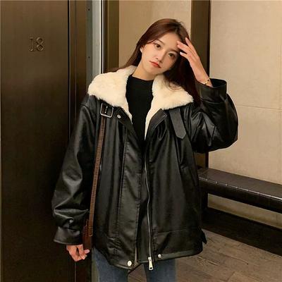 Thick Winter Warmth and Velvet Leather Jacket Women's Fur One Loose Motorcycle Leather Jacket