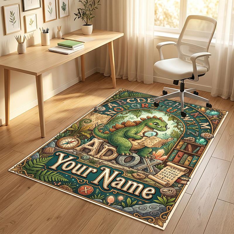 Dinosaur Theme Crystal Velvet Rug Personalized Custom Name Text Soft Floor Mat Home Decor