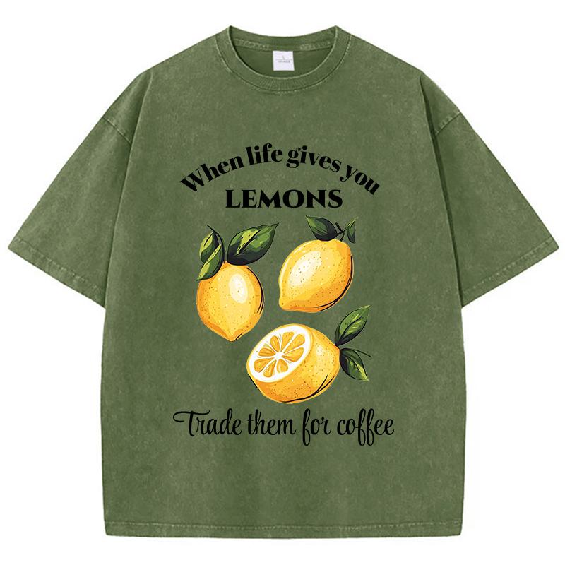 When Life Gives You Lemons Print Washed T Shirt Women Cotton Streetwear Distressed ONeck Comfortable Tops Summer Womans Clothes