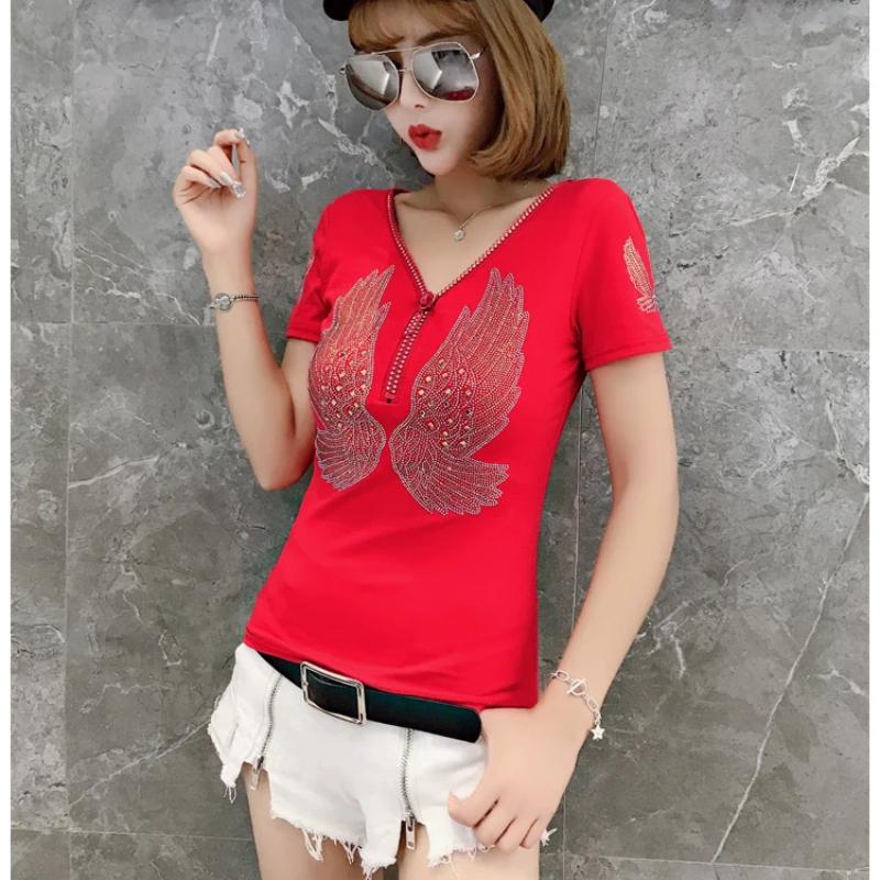 Streetwear Hip Hop Short Sleeve Wing T Shirt Women V Neck Zipper Sexy Diamonds Casual Tees Femme Diamonds Cotton Girl T-shirt Tops