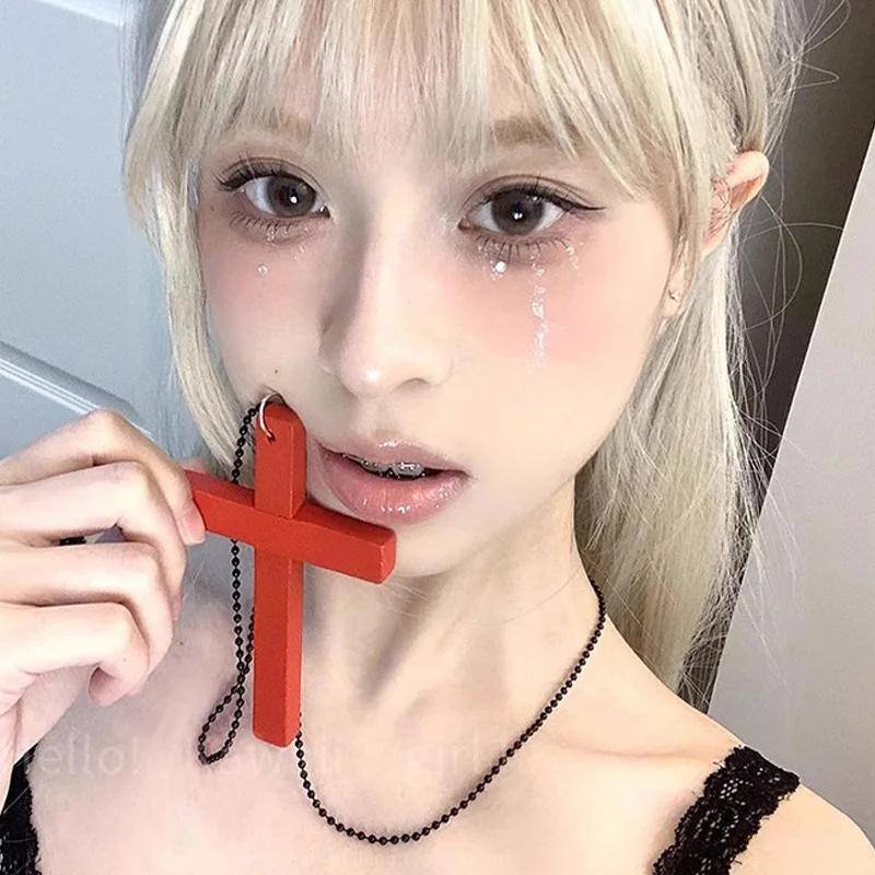 Halloween Jewelry Men & Women Gothic Vintage Dark Fashion Funny Whimsical Wooden Cross Pendant Necklace for Sweater