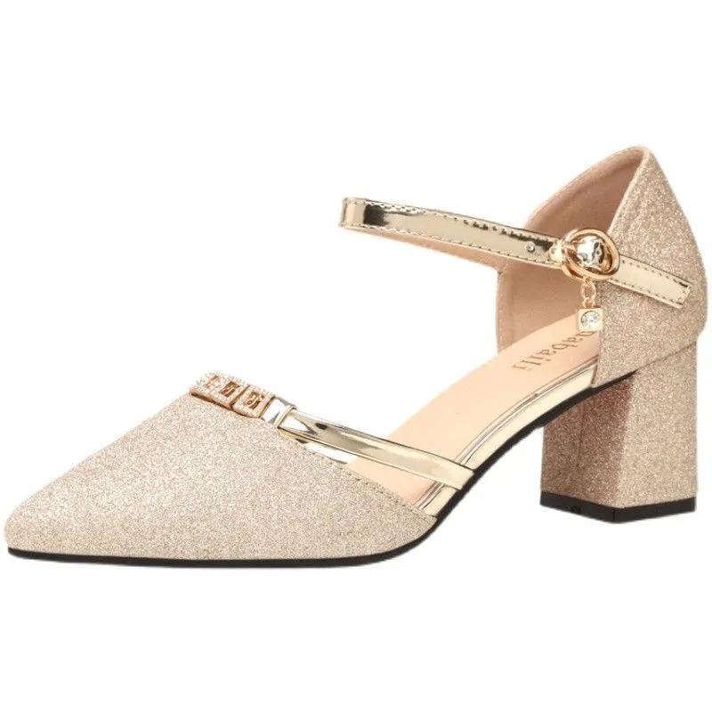 Zapatos De Mujer Women Fashion Sweet Silver High Quality Buckle Strap Square Heel Shoes for Sexy Party Club Ab417