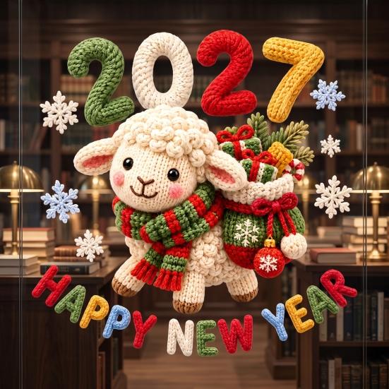 Decorative Glass Clings Happy New Year Window Cling, 2027 Crochet Sheep Snowflake Static Glas Sticker, Reusable Christmas Holiday Decoration
