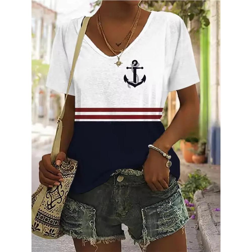 Stripe Printed T-shirt Fashionable Loose Short Sleeved Round Neck Versatile Comfortable Women's V-neck T-shirt