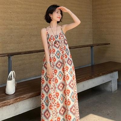 French Retro Temperament Printed Suspender Skirt Seaside Vacation Beach Skirt Fashion Sleeveless Loose and Thin Dress