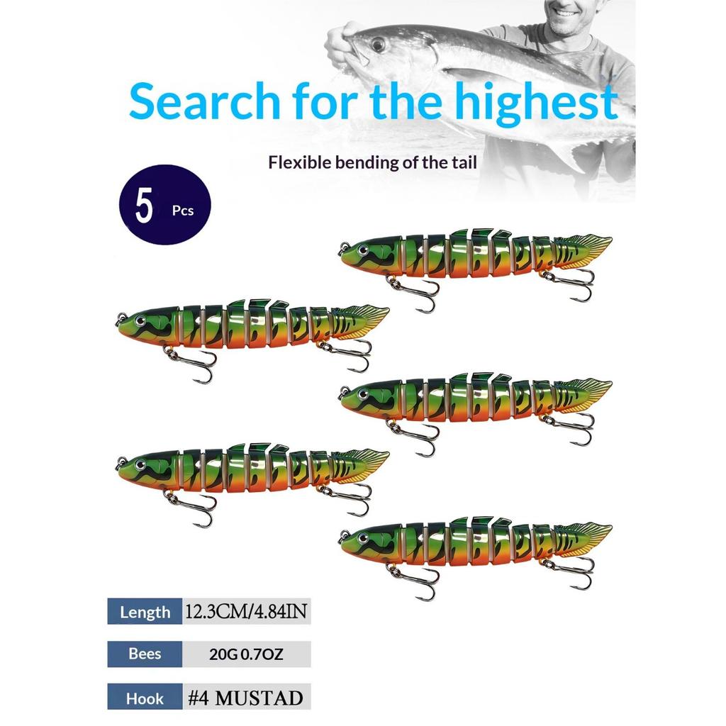 Eight-section bionic pike lure with realistic swimming action. Sharp hooks for solid hooksets, ideal for catching aggressive freshwater predators.