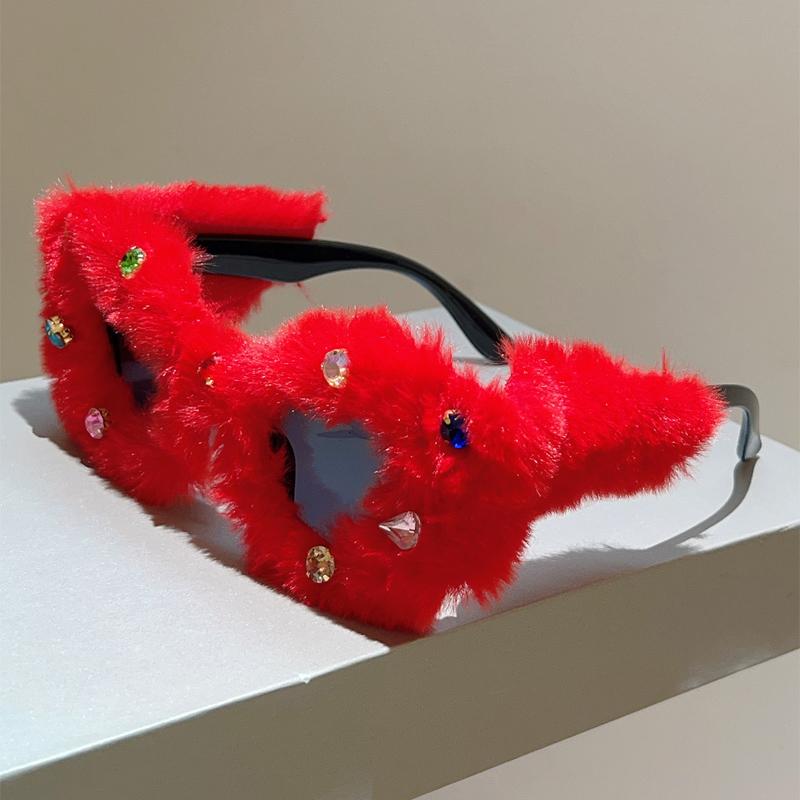 KAMMPT Furry Cat Eye Sunglasses with Rhinestones Women Cute Winter Outdoor Decor Shades Trendy Handmade Woolen Rim Sun Glasses