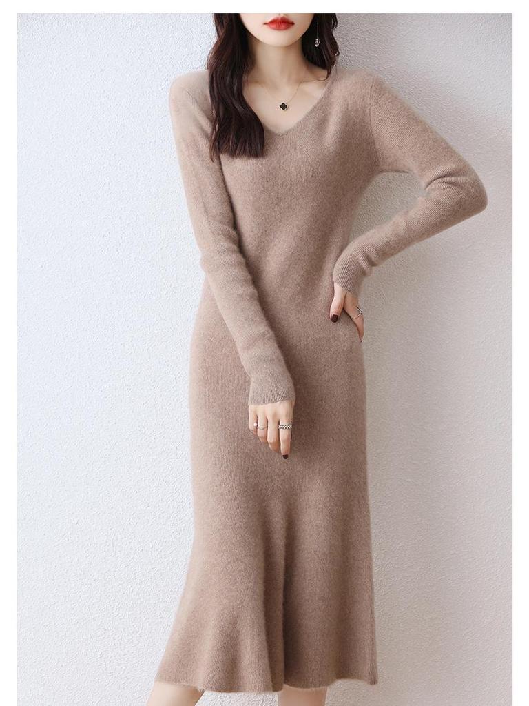 V-Neck Wool-Cashmere Sweater Dress for Women - Slim Fit, Mid-Length, Over-the-Knee, Autumn/Winter Style
