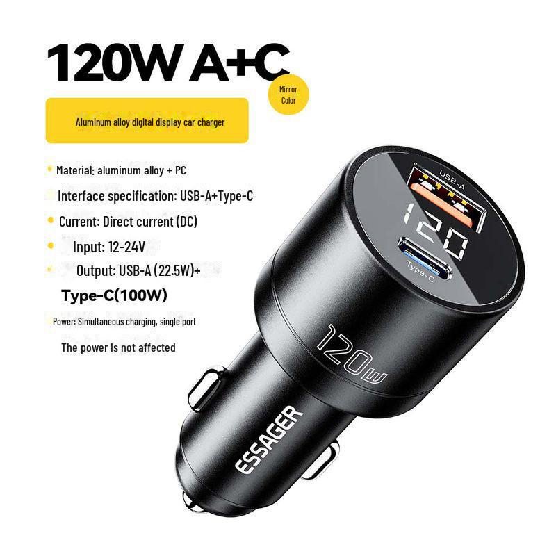 Ładowarka Samochodowa ESSAGER 120W ze Stopu Aluminium: Dwukanałowa ładowarka USB-A+C z szybkim ładowaniem i wyświetlaczem cyfrowym do gniazda zapalniczki samochodowej.