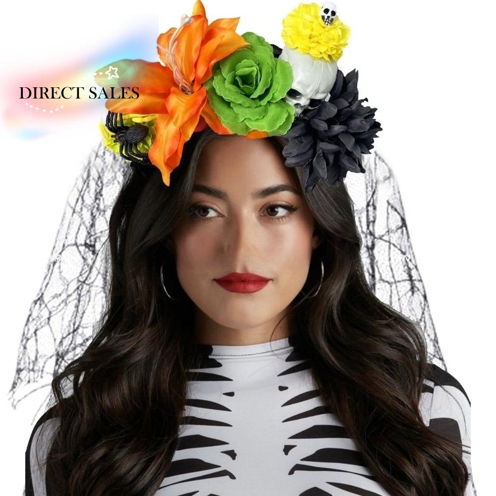 Gothic Halloween Veil Headband Halloween Costume with Black Veil Floral Hair Hoop Hair Band Lace Veil Party Headpiece
