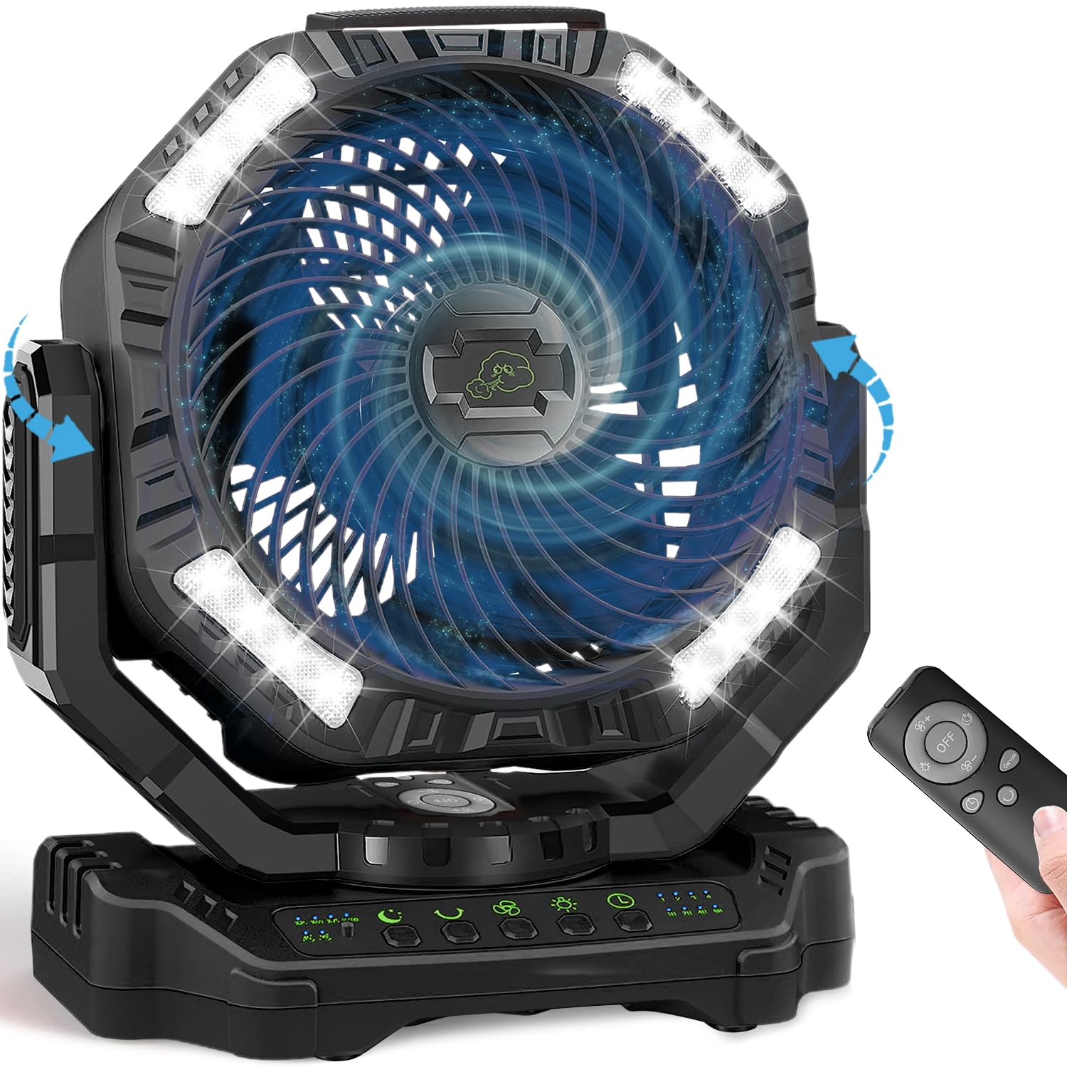 

Акумуляторний бездротовий вентилятор з осциляцією для кемпінгу та з дистанційним керуванням Вимк. На вулиці 4 швидкості Світлодіодний Тепловий Удар Тепловий Удар На вулиці Катастрофа Чорний [Автоматичний &