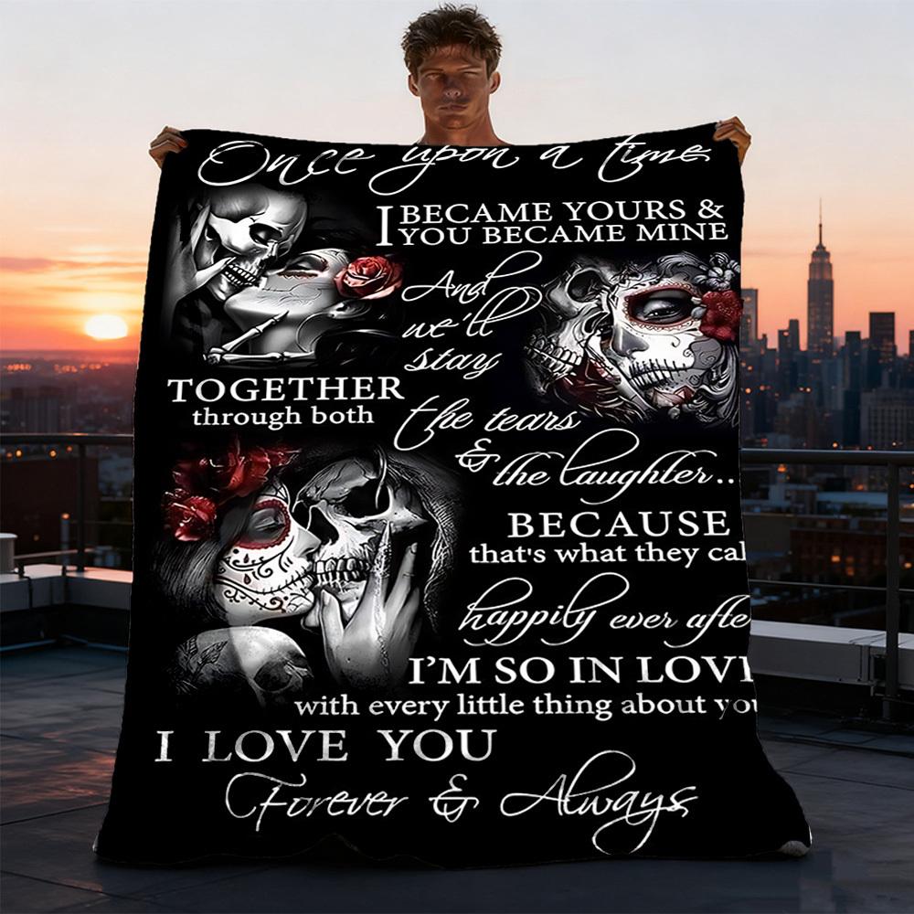 1pc Skull Couple Love Throw Blanket Polyester Fiber, Lightweight Flannel, Soft & Warm, All Season Use for Outdoor, Camping
