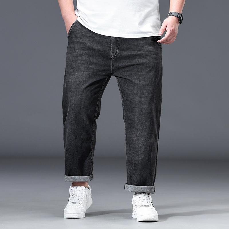 

Spring/Summer Plus Size Men s Cropped Straight-Leg Jeans Lightweight Relaxed Fit Stretch Trousers 30 чёрный