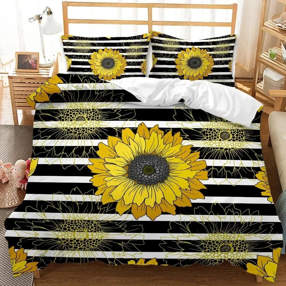 Sunflower Duvet Cover Set Yellow Flower Bedding Set Sunflower Botanical Floral Garden Bloom Print On Black Polyester Quilt Cover