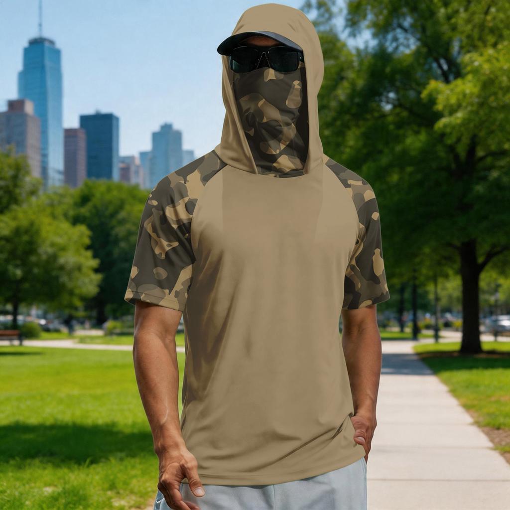 T-shirt estiva da uomo a maniche corte con gradiente mimetico ad asciugatura rapida, abbigliamento da sole, pesca, fitness, sport, maglietta con cappuccio a maniche corte